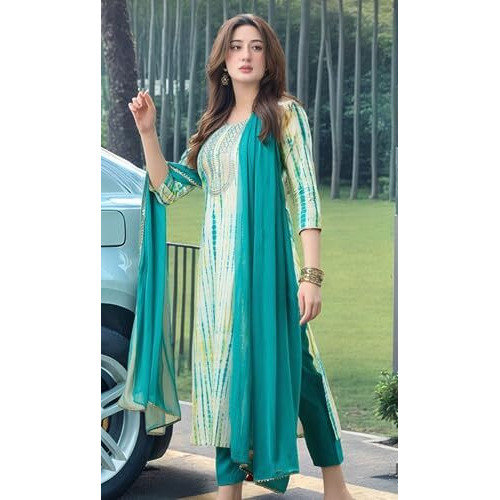 Gosriki Women's Rayon Viscose Printed Straight Kurta With Pant & Dupatta (Tiedye Rama Green-Vks04-Gs_M_Green_Medium)
