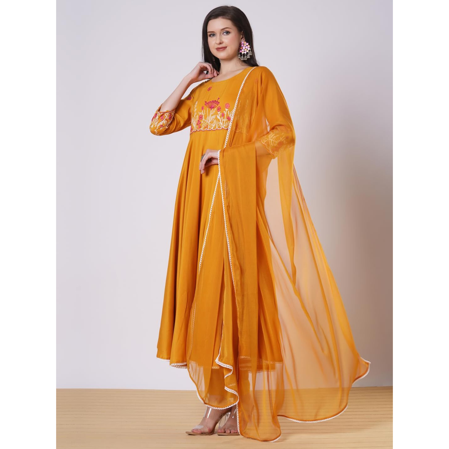 Gosriki Women's Rayon Viscose Anarkali Embroidered Kurta With Pant & Dupatta (Sikaro Yellow-Gs_M_Yellow_Medium)