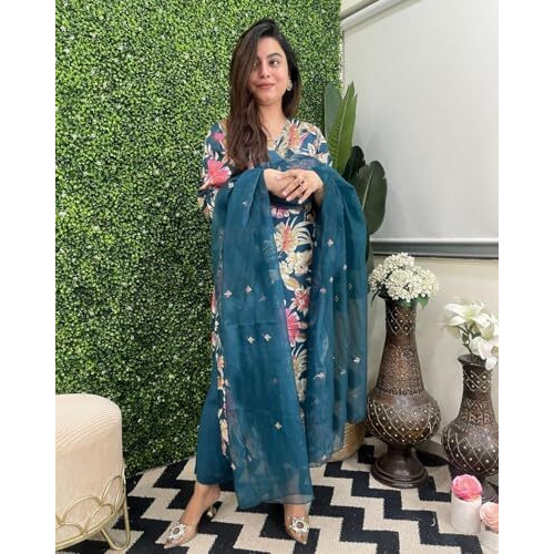 Gosriki Women's Rayon Blend Straight Printed Kurta With Pant & Dupatta (Njan Cerosin-Vks01-Gs_Xxl_Dark Blue_Xx-Large)