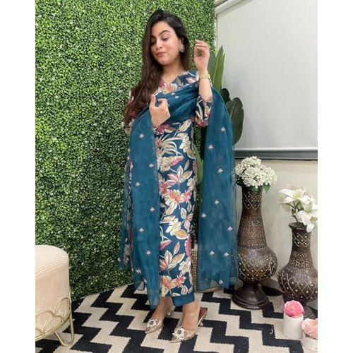Gosriki Women's Rayon Blend Straight Printed Kurta With Pant & Dupatta (Njan Cerosin-Vks01-Gs_Xxl_Dark Blue_Xx-Large)