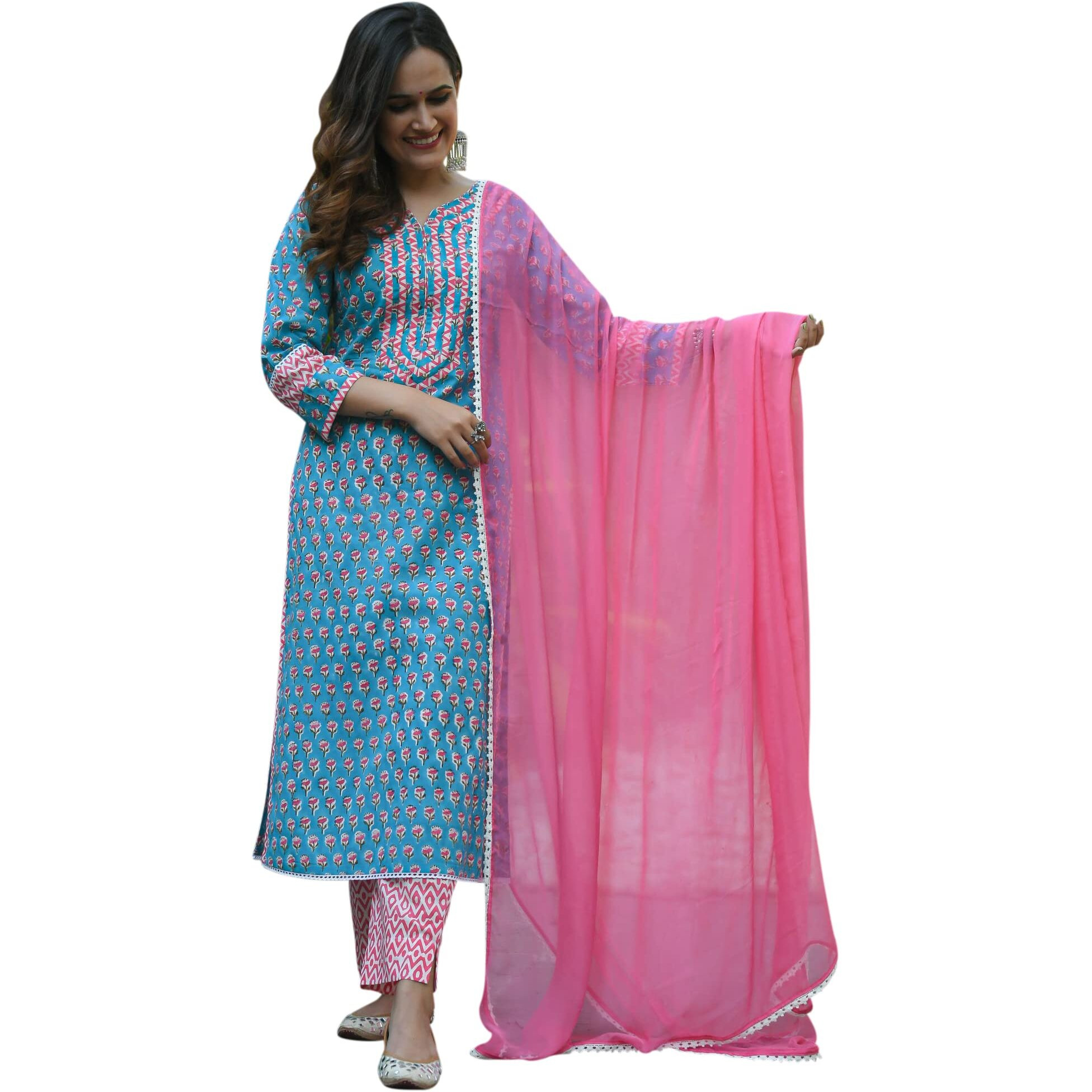 Gosriki Women's Pure Cotton Straight Kurta With Palazzos & Dupatta (Bp Cotton-Go_Xl_Blue_X-Large)