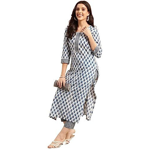 Gosriki Women's Cotton Blend Straight Printed Kurta With Pant Set (Bitiya Blue-Nwg-Gs_Xxl_Blue_Xx-Large)