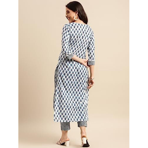 Gosriki Women's Cotton Blend Straight Printed Kurta With Pant Set (Bitiya Blue-Nwg-Gs_Xxl_Blue_Xx-Large)