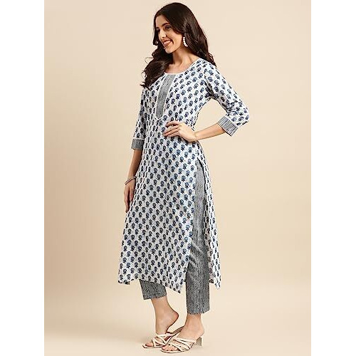 Gosriki Women's Cotton Blend Straight Printed Kurta With Pant Set (Bitiya Blue-Nwg-Gs_Xxl_Blue_Xx-Large)