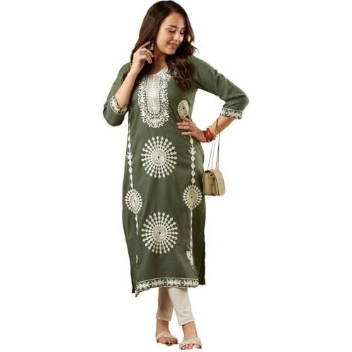 Gosriki Women's Cotton Blend Chikankari Embroidered Straight Kurta (Dp-28-Pista-Gs_S_Pista_Small)