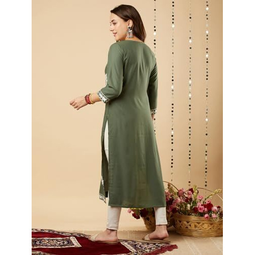 Gosriki Women's Cotton Blend Chikankari Embroidered Straight Kurta (Dp-28-Pista-Gs_S_Pista_Small)