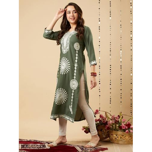 Gosriki Women's Cotton Blend Chikankari Embroidered Straight Kurta (Dp-28-Pista-Gs_S_Pista_Small)