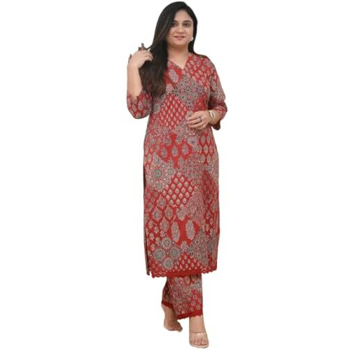 Gosriki Women's Rayon Viscose Straight Printed Kurta With Pant (Kadai Red-Vks01-Gs_Xl_Red_X-Large)