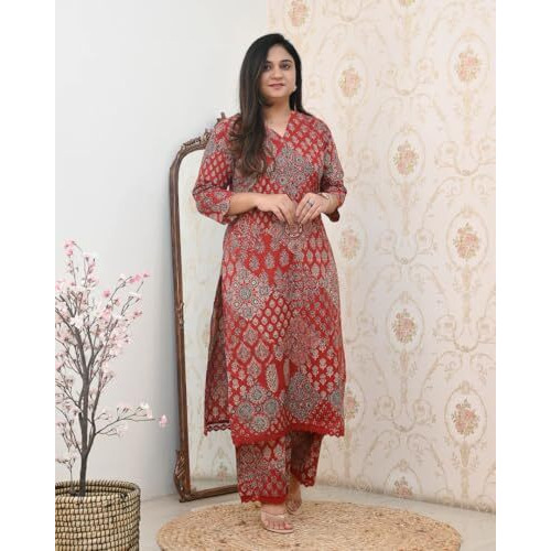 Gosriki Women's Rayon Viscose Straight Printed Kurta With Pant (Kadai Red-Vks01-Gs_Xl_Red_X-Large)