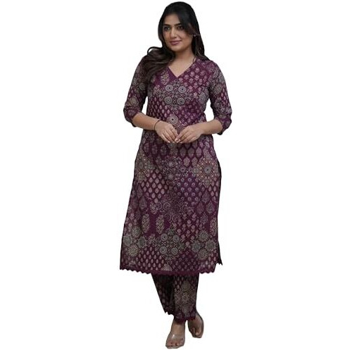 Gosriki Women's Rayon Viscose Straight Printed Kurta With Pant (Kadai Wine-Gs_Xxl_Wine_Xx-Large)