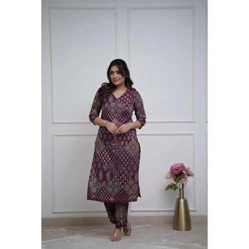 Gosriki Women's Rayon Viscose Straight Printed Kurta With Pant (Kadai Wine-Gs_Xxl_Wine_Xx-Large)