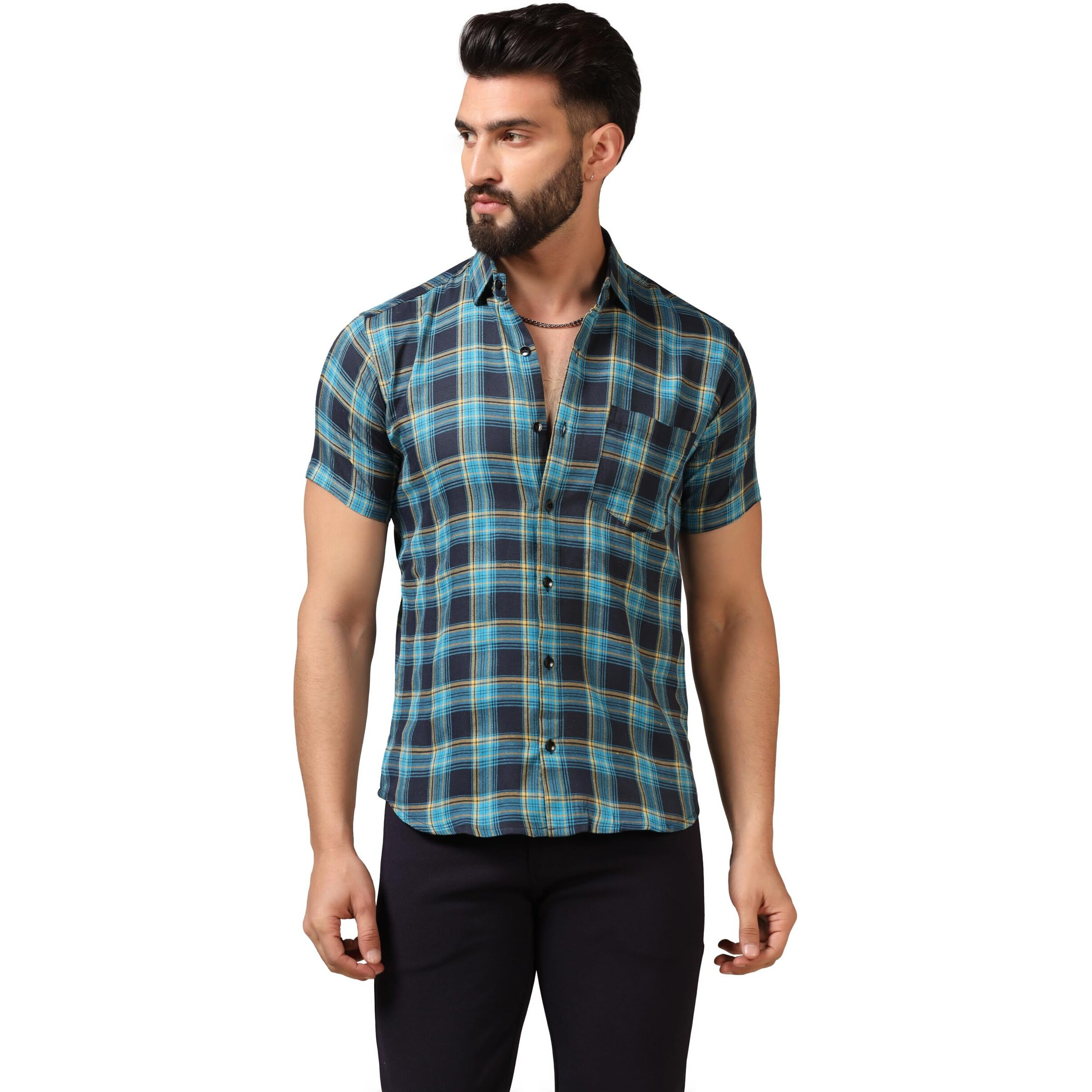 Toplot Men's Regular Fit Casual Shirt Checks Design With Spread Collar & Half Sleeves (Chex-Shirt-5177-Sky-S)