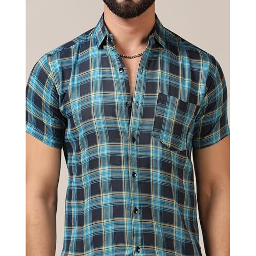 Toplot Men's Regular Fit Casual Shirt Checks Design With Spread Collar & Half Sleeves (Chex-Shirt-5177-Sky-S)