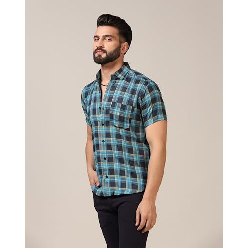 Toplot Men's Regular Fit Casual Shirt Checks Design With Spread Collar & Half Sleeves (Chex-Shirt-5177-Sky-S)