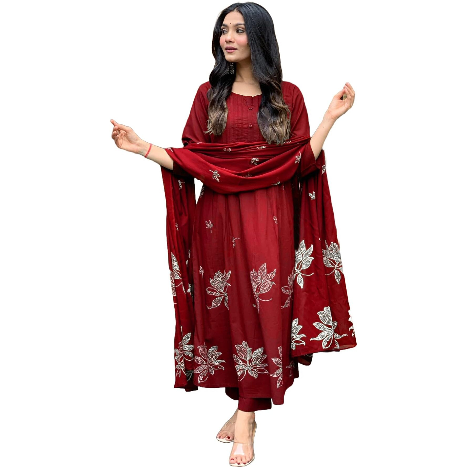 Gosriki Women's Rayon Viscose Anarkali Printed Kurta With Pant & Dupatta (Gangori Red-Gs_Xxl_Red_Xx-Large)