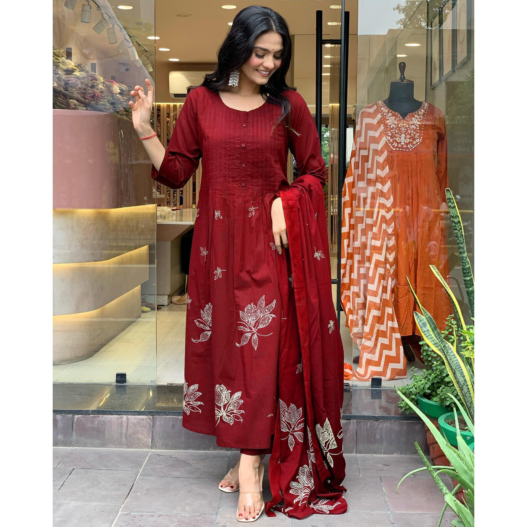 Gosriki Women's Rayon Viscose Anarkali Printed Kurta With Pant & Dupatta (Gangori Red-Gs_Xxl_Red_Xx-Large)