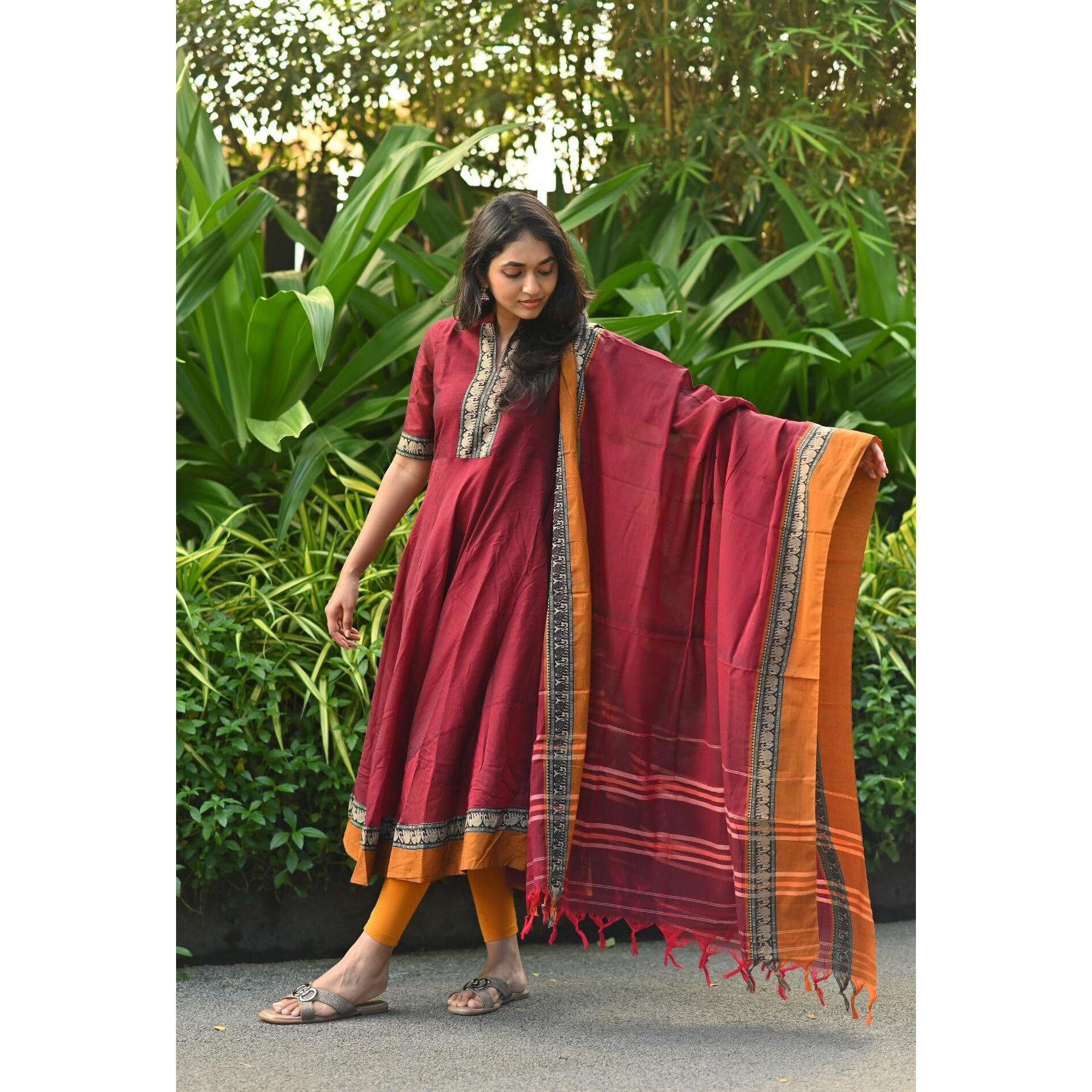 Gosriki Women's Rayon Viscose Solid Anarkali Kurta With Dupatta (Samuti Red-Gs_S_Red_Small)