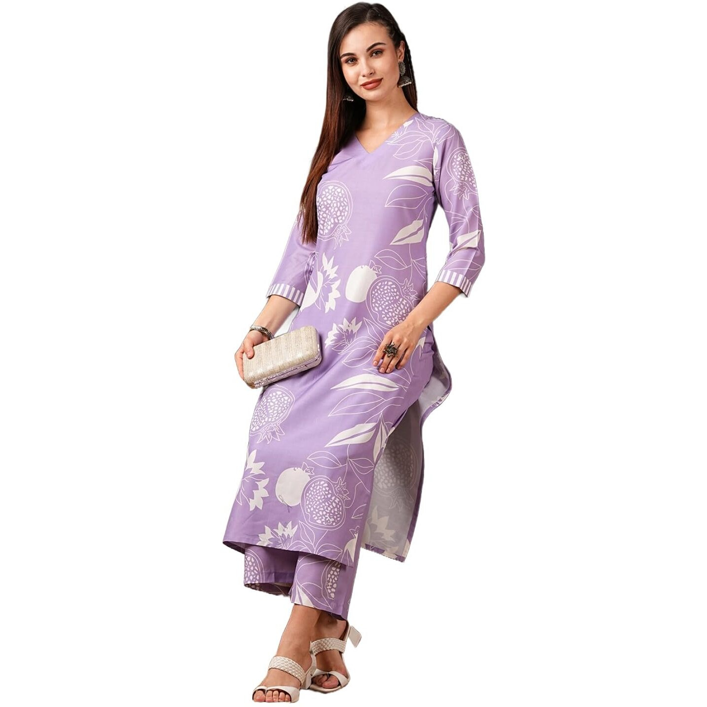 Gosriki Women's Cotton Blend Straight Printed Kurta With Pant (Anaar-Purple-Gs_Xxl_Purple_Xx-Large)