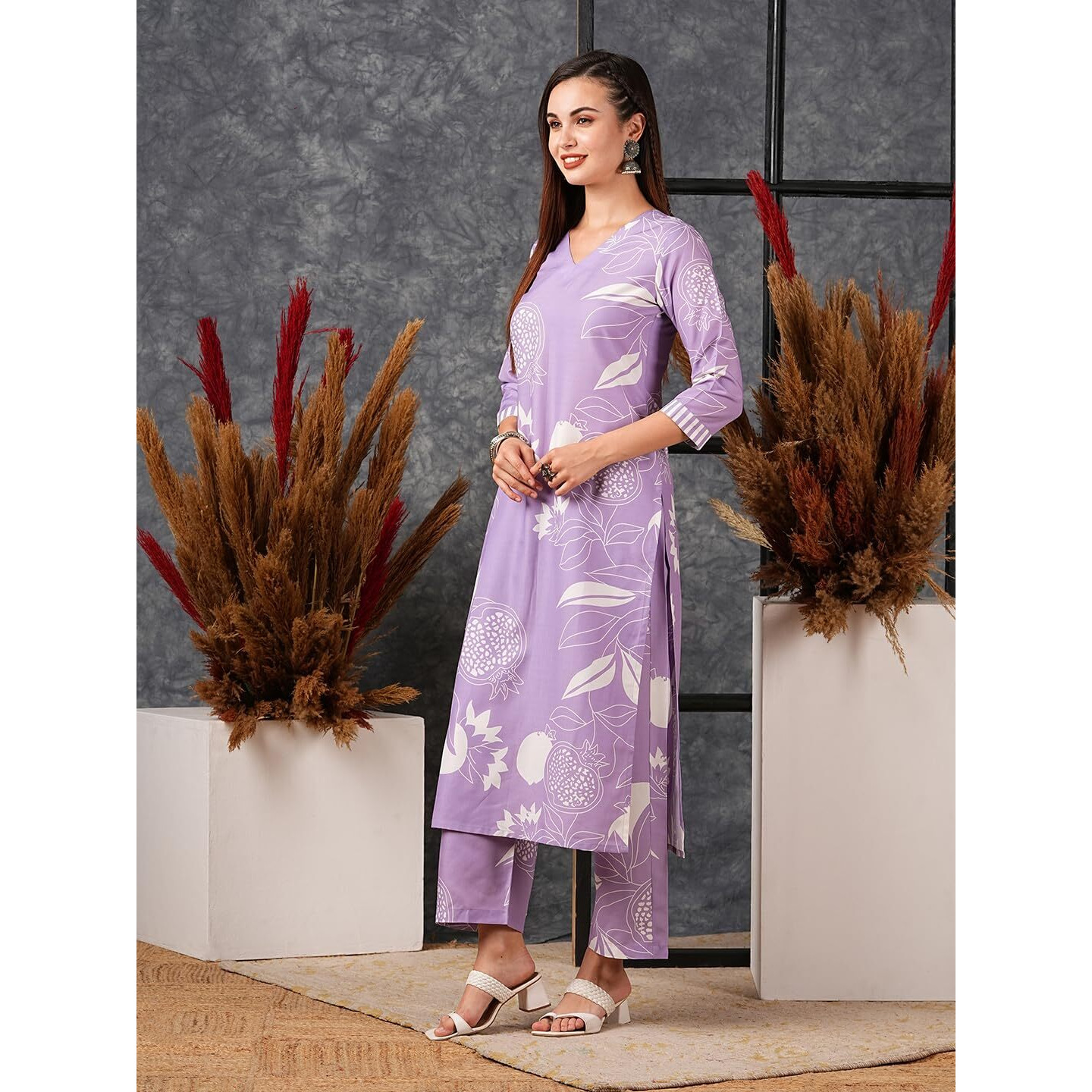 Gosriki Women's Cotton Blend Straight Printed Kurta With Pant (Anaar-Purple-Gs_Xxl_Purple_Xx-Large)