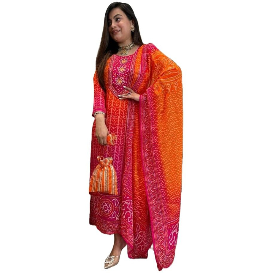 Gosriki Women's Rayon Viscose Straight Bandhej Printed Kurta With Pant & Dupatta (Shriha Multi-Gs_M_Multicolor_Medium)