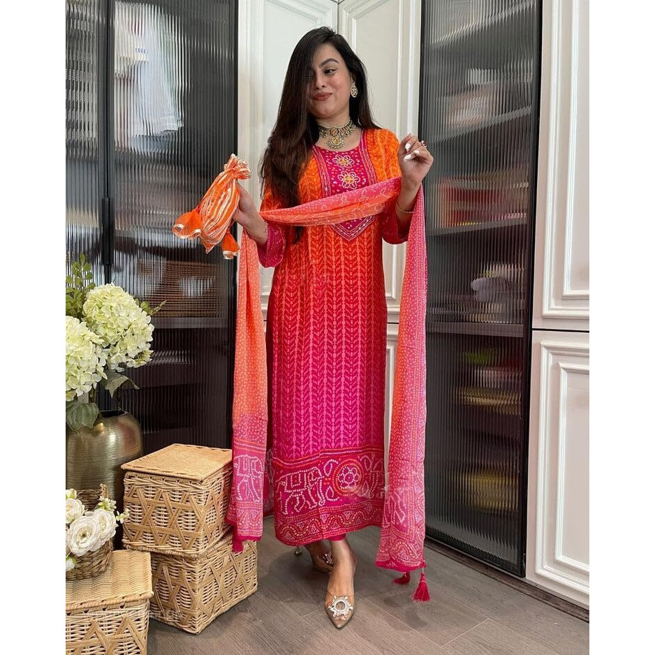 Gosriki Women's Rayon Viscose Straight Bandhej Printed Kurta With Pant & Dupatta (Shriha Multi-Gs_M_Multicolor_Medium)