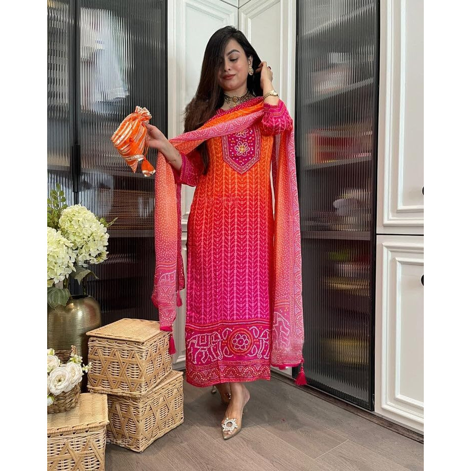 Gosriki Women's Rayon Viscose Straight Bandhej Printed Kurta With Pant & Dupatta (Shriha Multi-Gs_M_Multicolor_Medium)