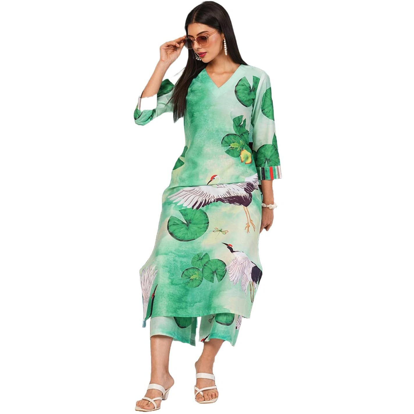 Gosriki Women's Cotton Blend Straight Printed Kurta With Palazzo (Swans See Green-Nw-Gs_M_See Green_Medium)