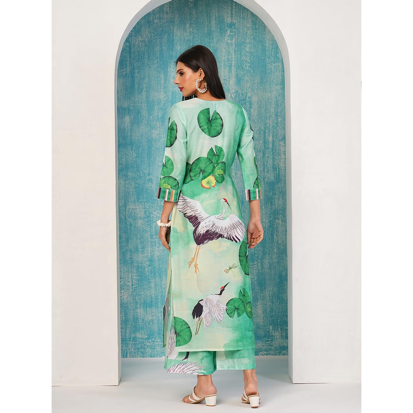 Gosriki Women's Cotton Blend Straight Printed Kurta With Palazzo (Swans See Green-Nw-Gs_M_See Green_Medium)