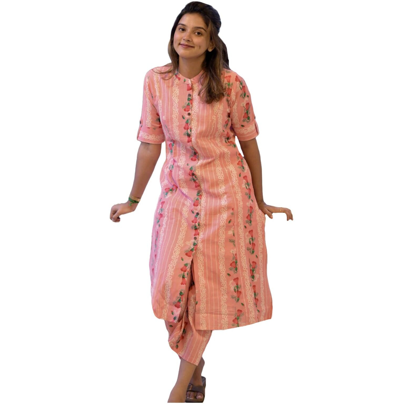 Gosriki Women's Rayon Viscose A-Line Printed Kurta With Pant (Pisasu Peach-Gs_M_Peach_Medium)