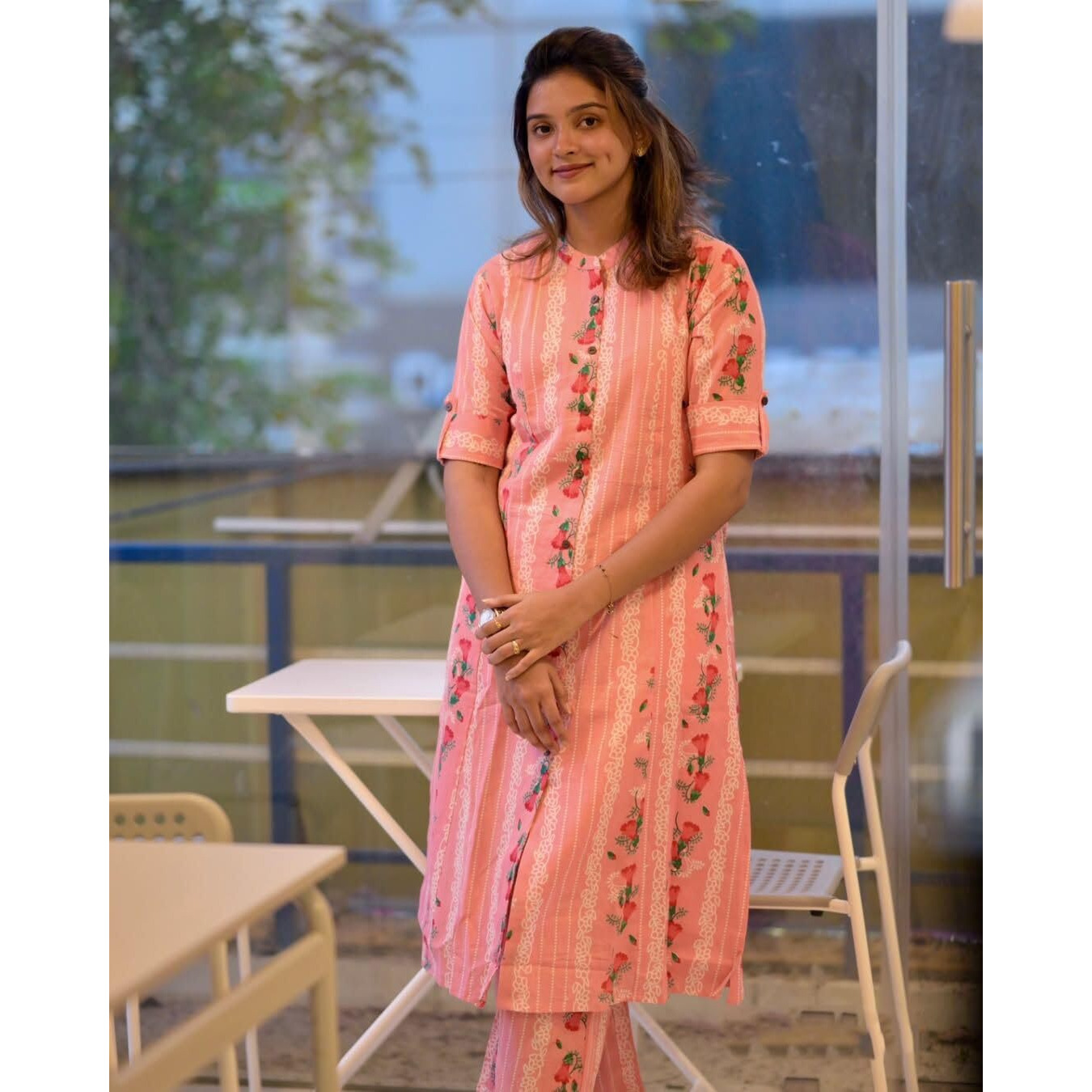 Gosriki Women's Rayon Viscose A-Line Printed Kurta With Pant (Pisasu Peach-Gs_M_Peach_Medium)