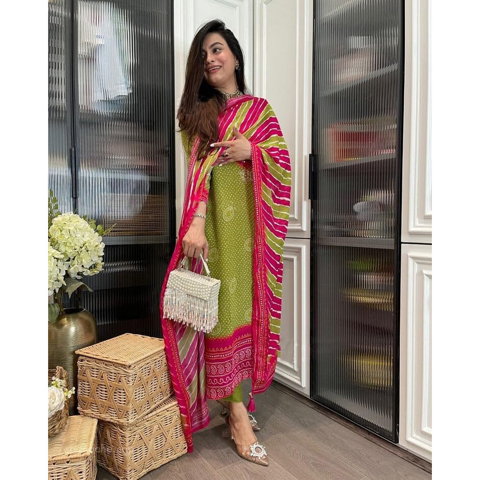 Gosriki Women's Rayon Viscose Straight Bandhej Printed Kurta With Pant & Dupatta (Navima Green-Gs_S_Green_Small)