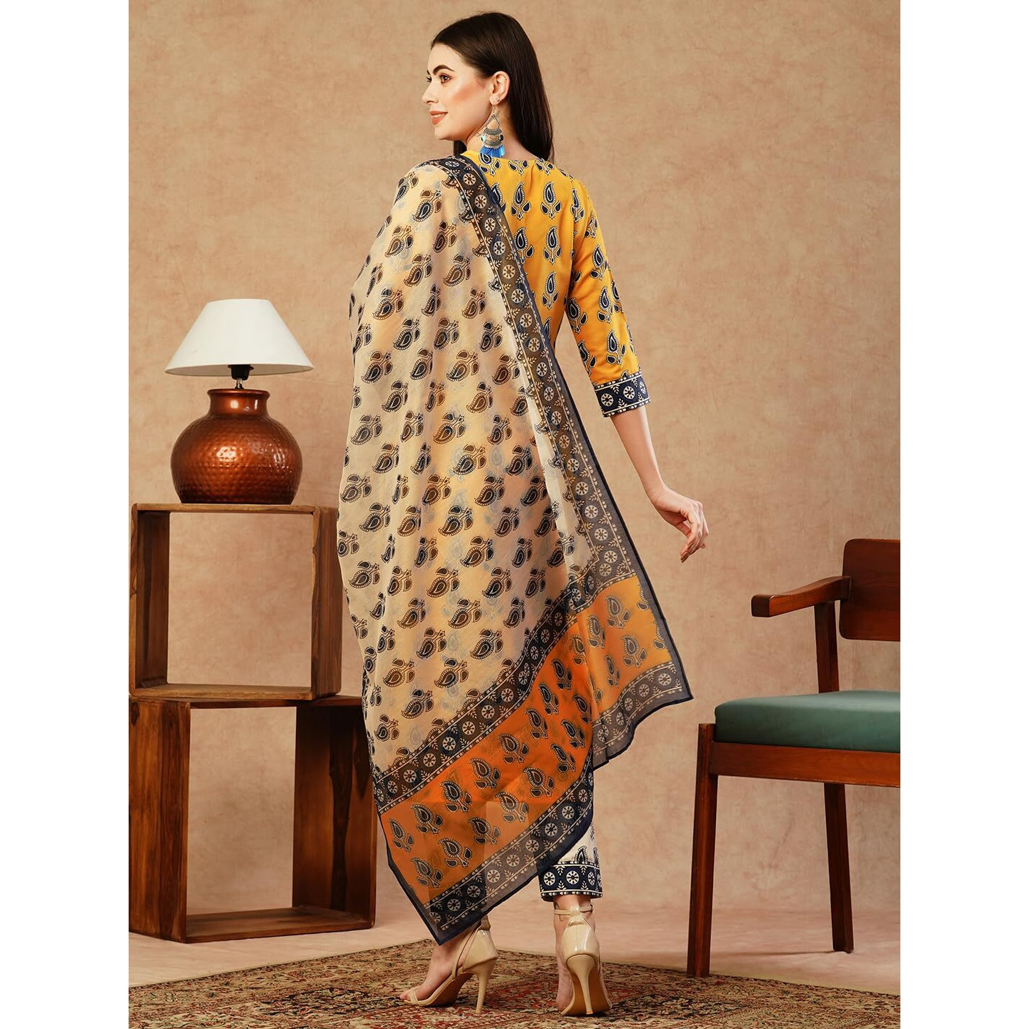 Gosriki Women's Cotton Blend Straight Printed Kurta With Pant & Dupatta (Uchiha Mustard-Fka-Gs_Xxl_Mustard_Xx-Large)