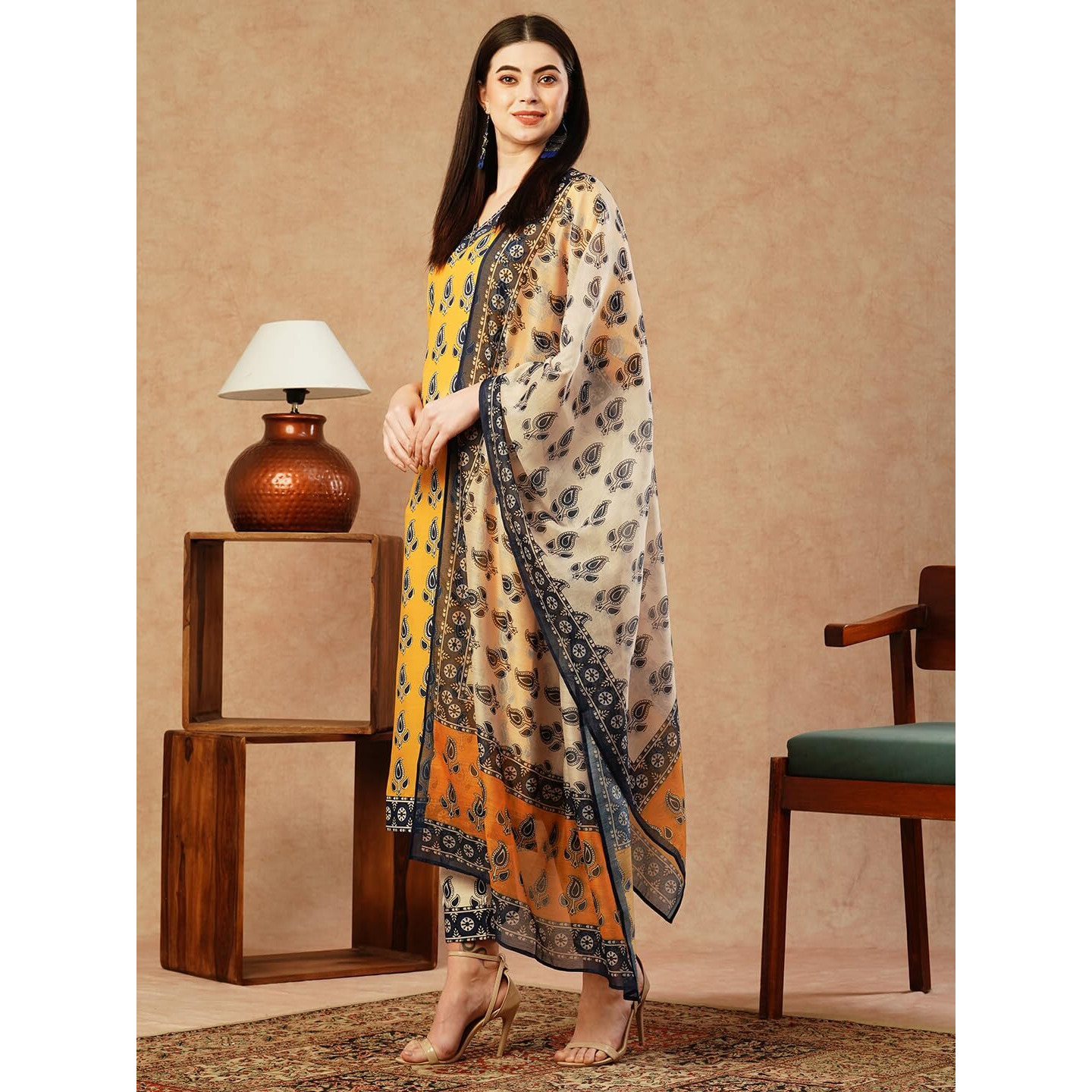 Gosriki Women's Cotton Blend Straight Printed Kurta With Pant & Dupatta (Uchiha Mustard-Fka-Gs_Xxl_Mustard_Xx-Large)