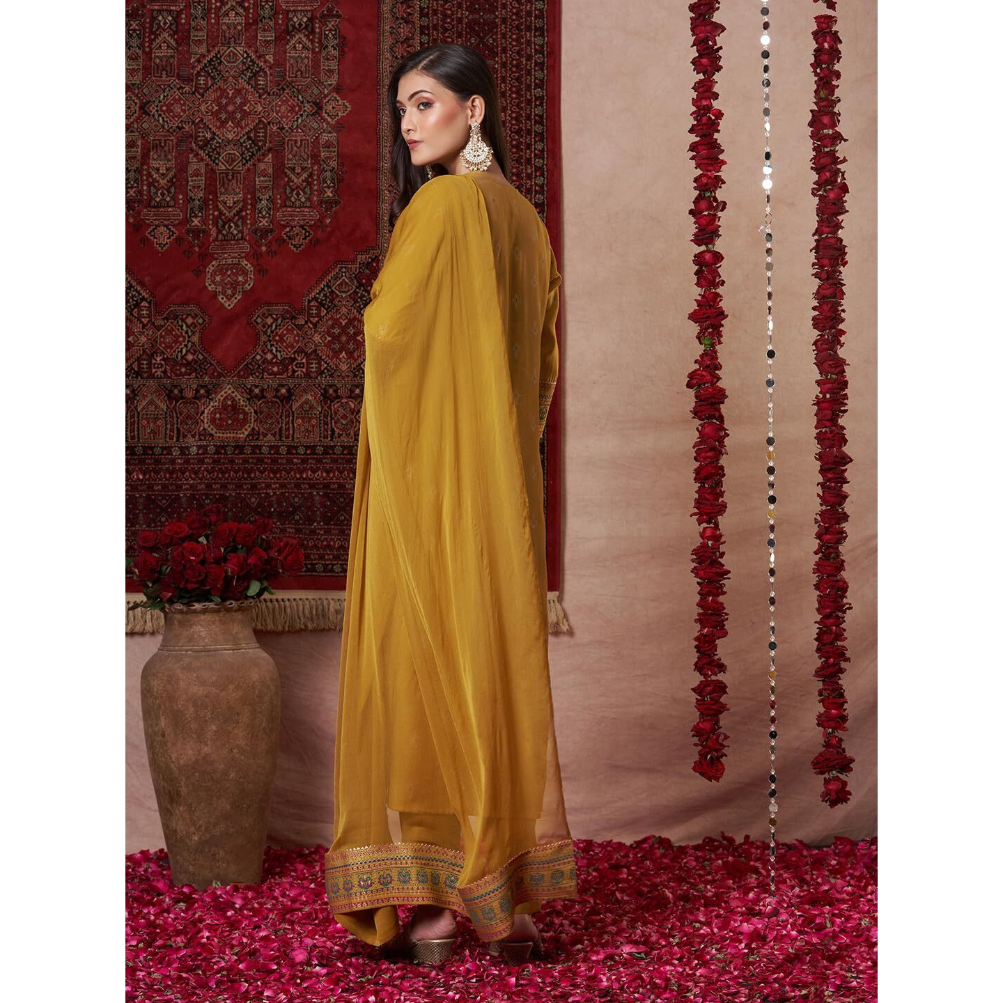 Gosriki Women's Rayon Blend Printed Straight Kurta With Pant & Dupatta (Toxic Mustard-Gs_S_Mustard_Small)