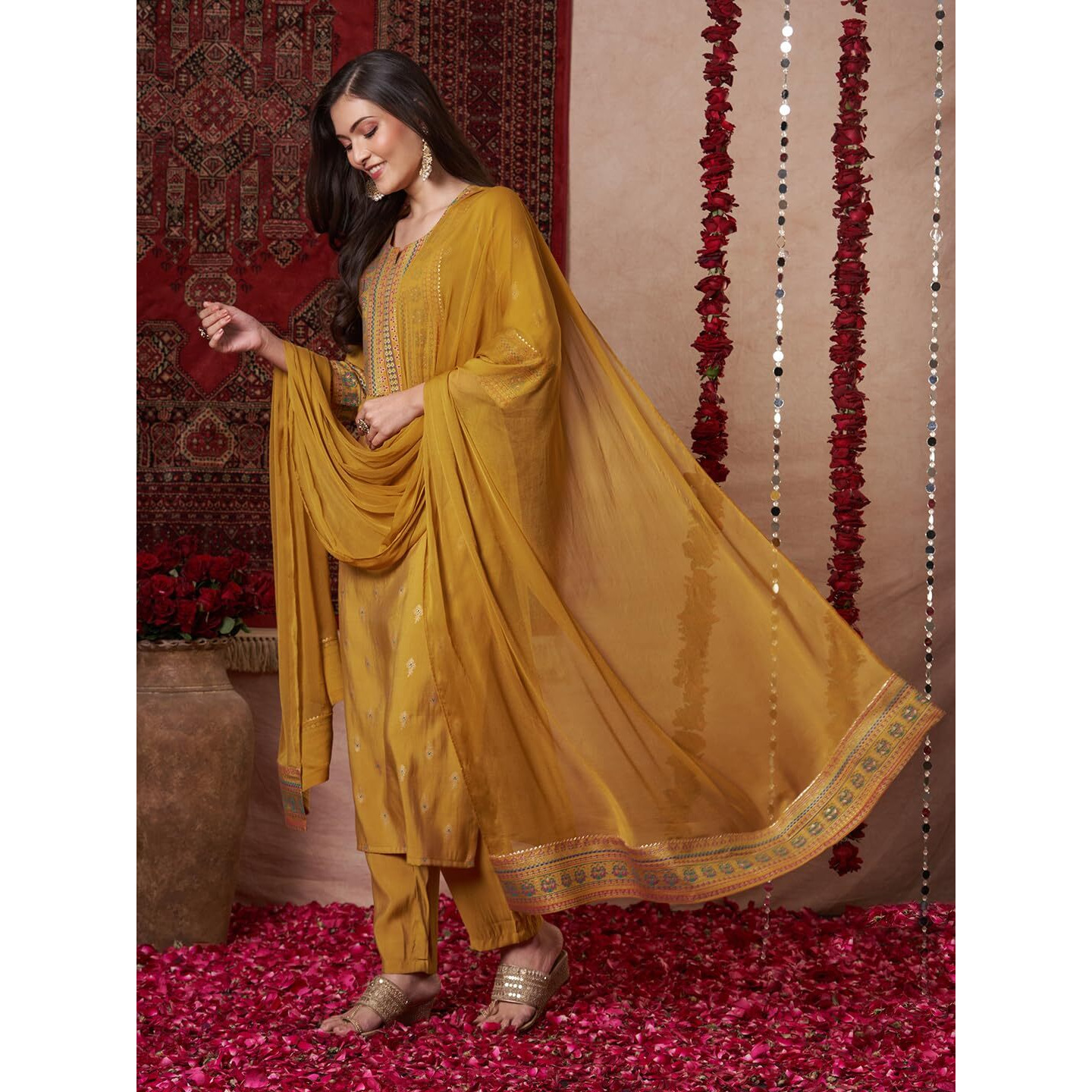 Gosriki Women's Rayon Blend Printed Straight Kurta With Pant & Dupatta (Toxic Mustard-Gs_S_Mustard_Small)