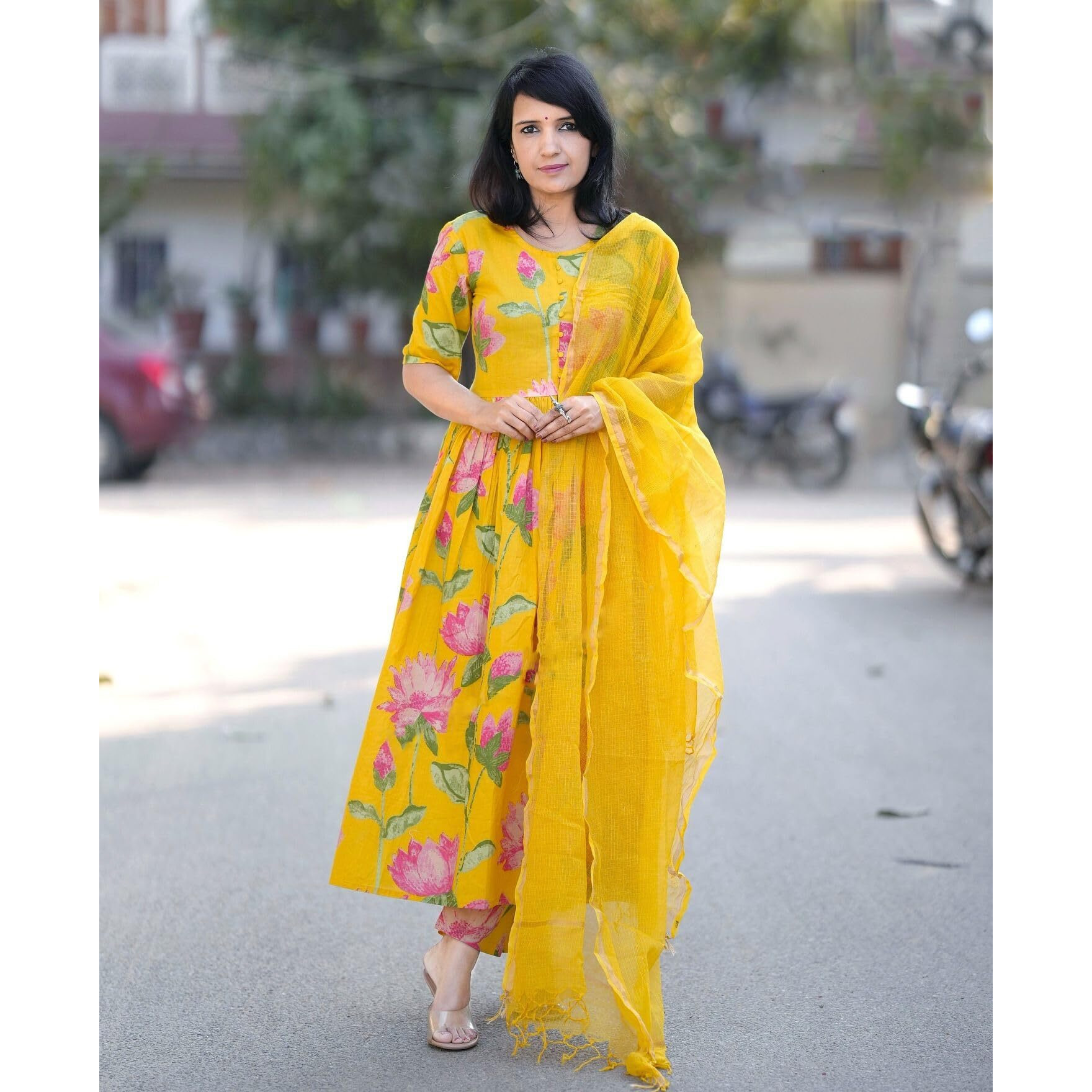 Gosriki Women's Rayon Viscose Printed Anarkali Kurta With Pant & Dupatta (Rubina Yellow-Gs_Xl_Yellow_X-Large)