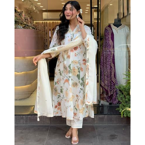 Gosriki Women's Rayon Viscose Printed Straight Kurta With Pant & Dupatta (Atman Cream-Gs_S_Cream_Small)