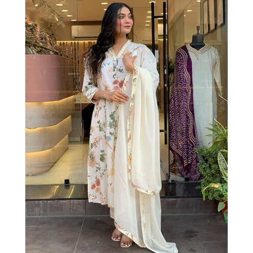 Gosriki Women's Rayon Viscose Printed Straight Kurta With Pant & Dupatta (Atman Cream-Gs_S_Cream_Small)