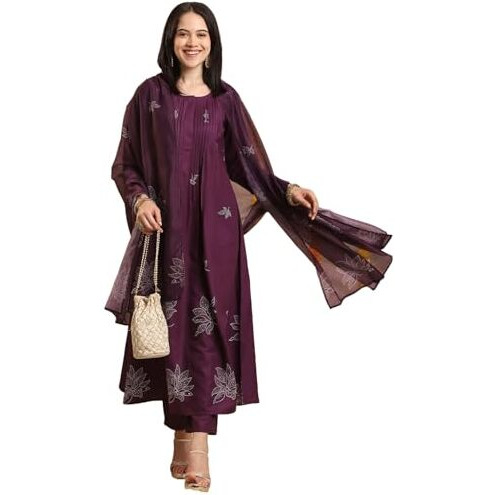 Gosriki Women's Rayon Blend Anarkali Printed Kurta With Pant & Dupatta (Gangori Wine-Vks01-Gs_M_Wine_Medium)