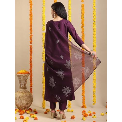 Gosriki Women's Rayon Blend Anarkali Printed Kurta With Pant & Dupatta (Gangori Wine-Vks01-Gs_M_Wine_Medium)