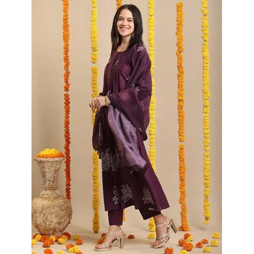 Gosriki Women's Rayon Blend Anarkali Printed Kurta With Pant & Dupatta (Gangori Wine-Vks01-Gs_M_Wine_Medium)