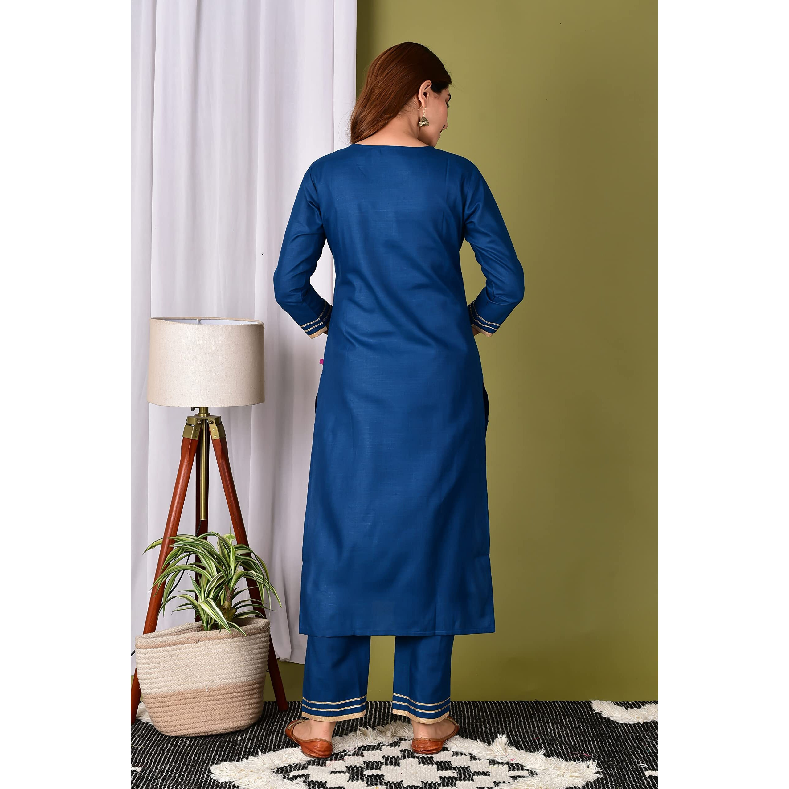 Gosriki Women's Cotton Straight Solid Kurta With Pant & Dupatta (Pisa New Blue_Xl-Go_Blue_X-Large)