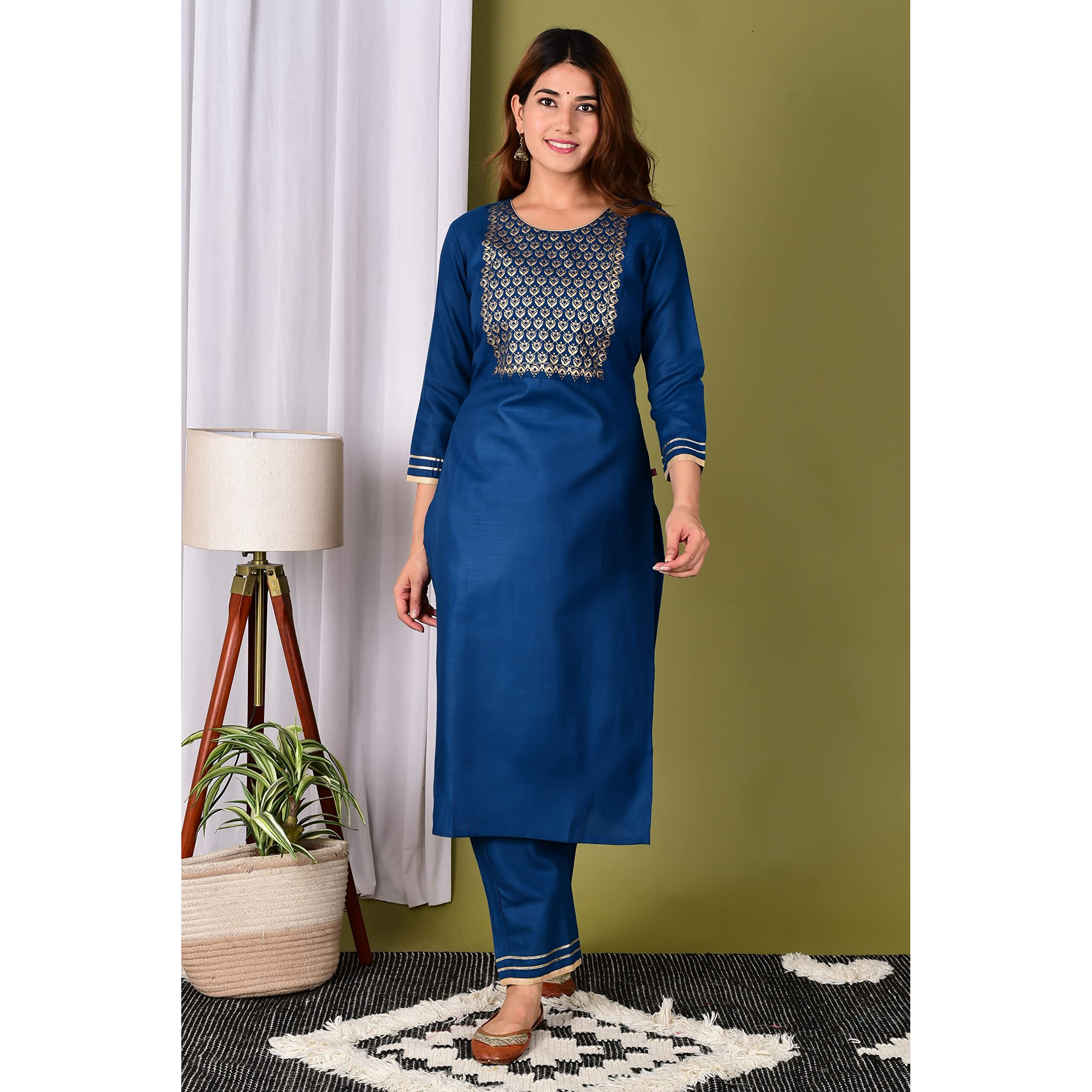 Gosriki Women's Cotton Straight Solid Kurta With Pant & Dupatta (Pisa New Blue_Xl-Go_Blue_X-Large)