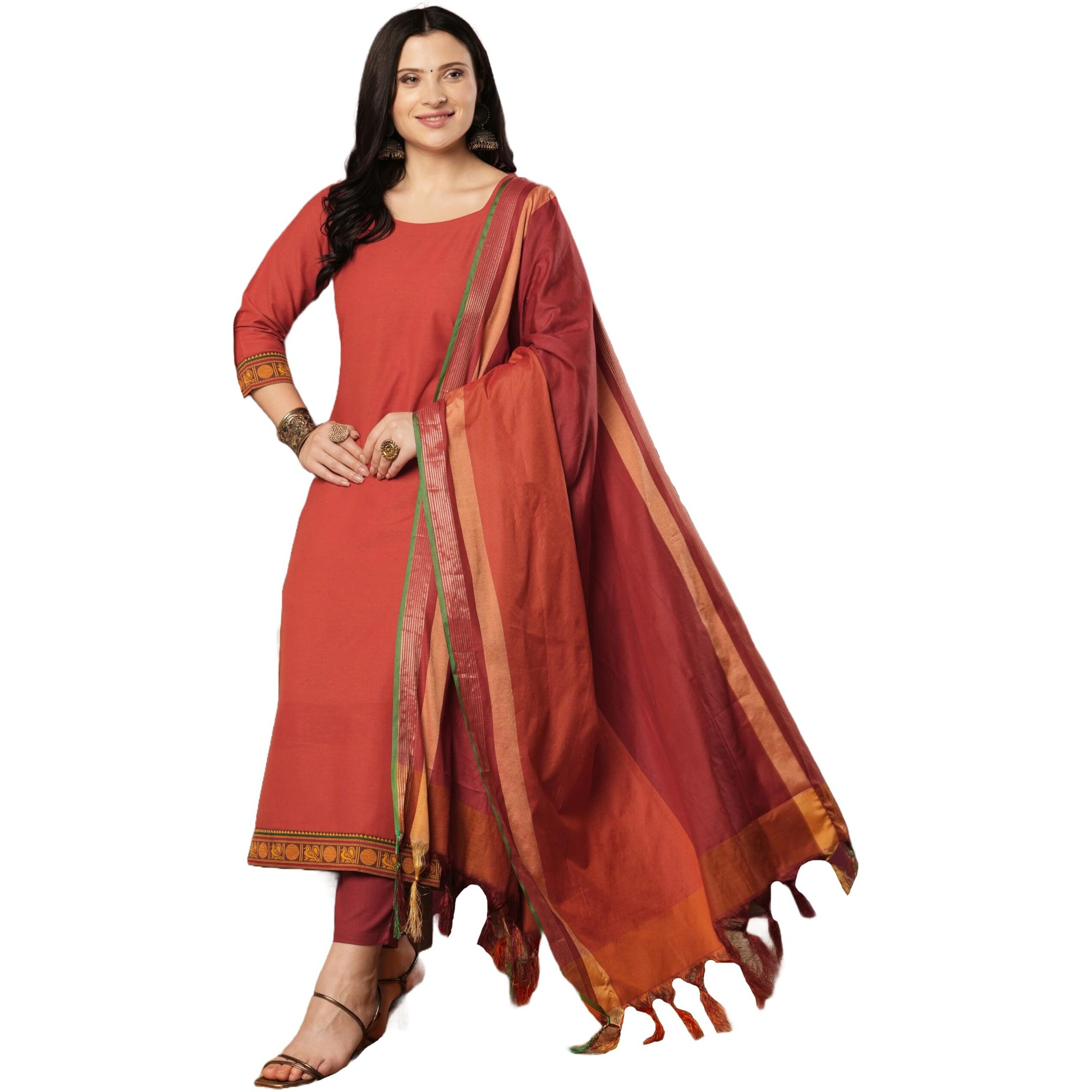 Gosriki Women's Rayon Viscose Solid Straight Kurta With Pant & Dupatta (Shamshera Orange-Vks01-Gs_M_Orange_Medium)