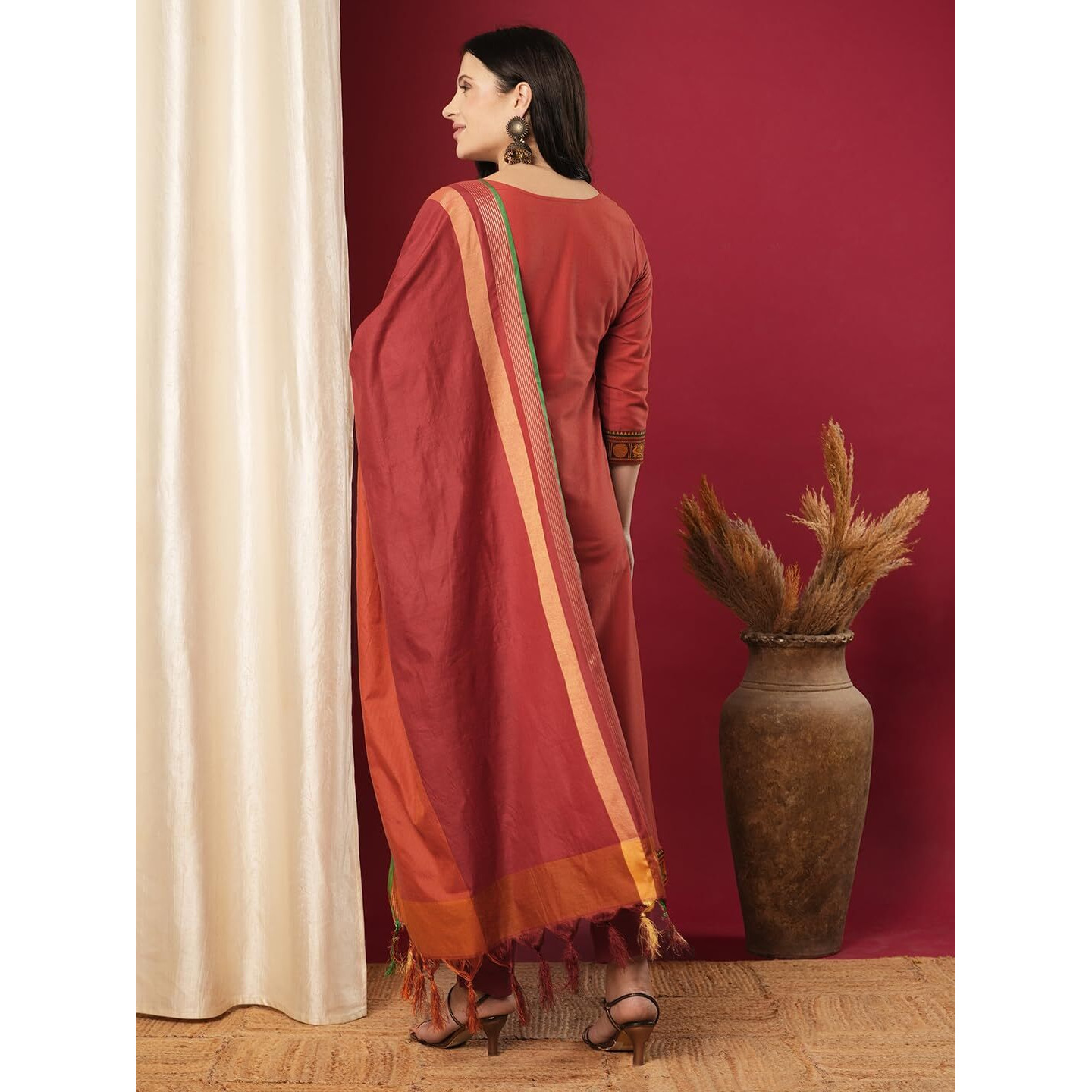 Gosriki Women's Rayon Viscose Solid Straight Kurta With Pant & Dupatta (Shamshera Orange-Vks01-Gs_M_Orange_Medium)