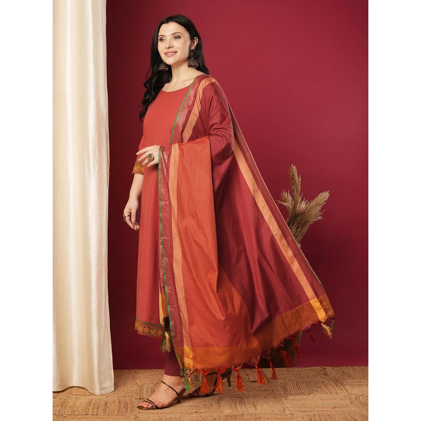 Gosriki Women's Rayon Viscose Solid Straight Kurta With Pant & Dupatta (Shamshera Orange-Vks01-Gs_M_Orange_Medium)