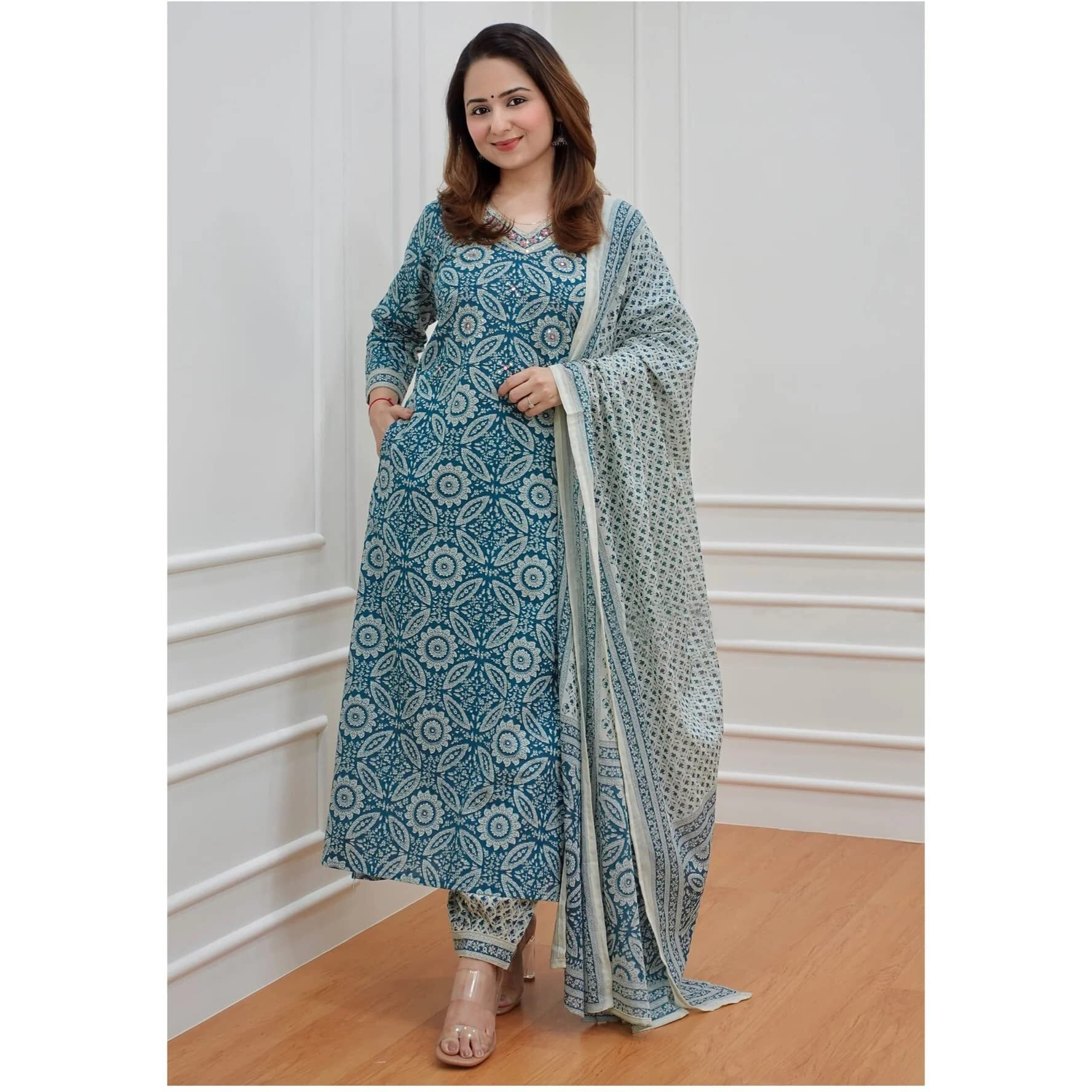 Gosriki Women's Cotton Blend Block Printed Straight Kurta With Pant & Dupatta (Nihira Blue-Gs_S_Blue_Small)