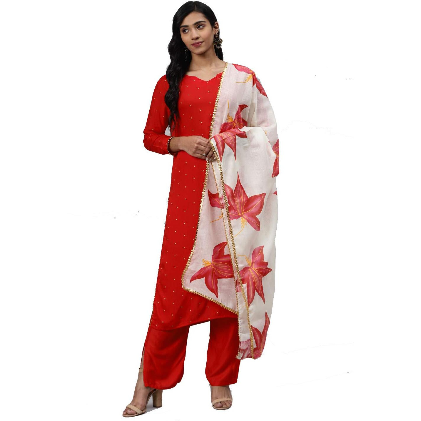 Gosriki Women's Red & Golden Polka Print Kurta With Trousers & Dupatta