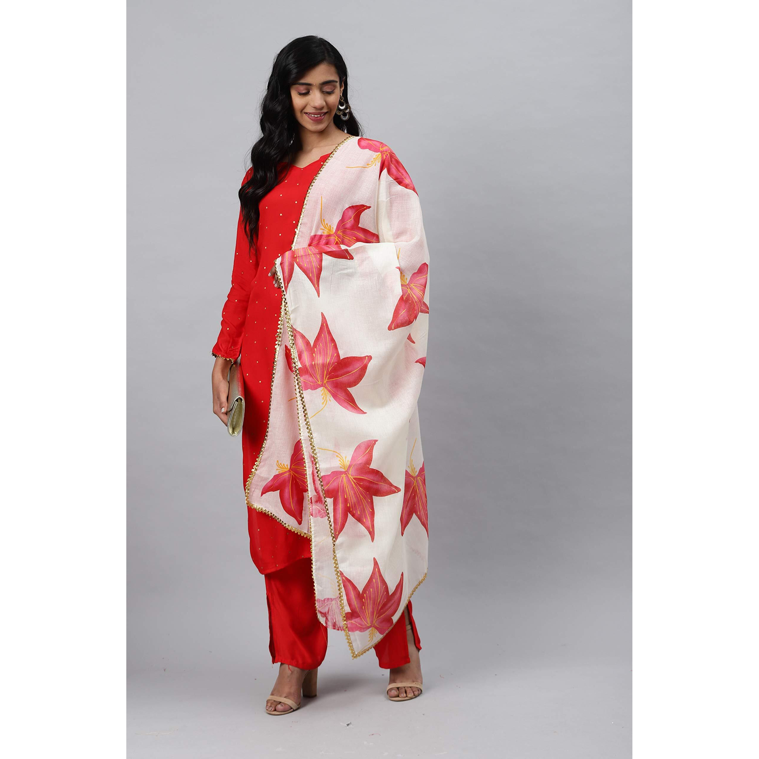 Gosriki Women's Red & Golden Polka Print Kurta With Trousers & Dupatta