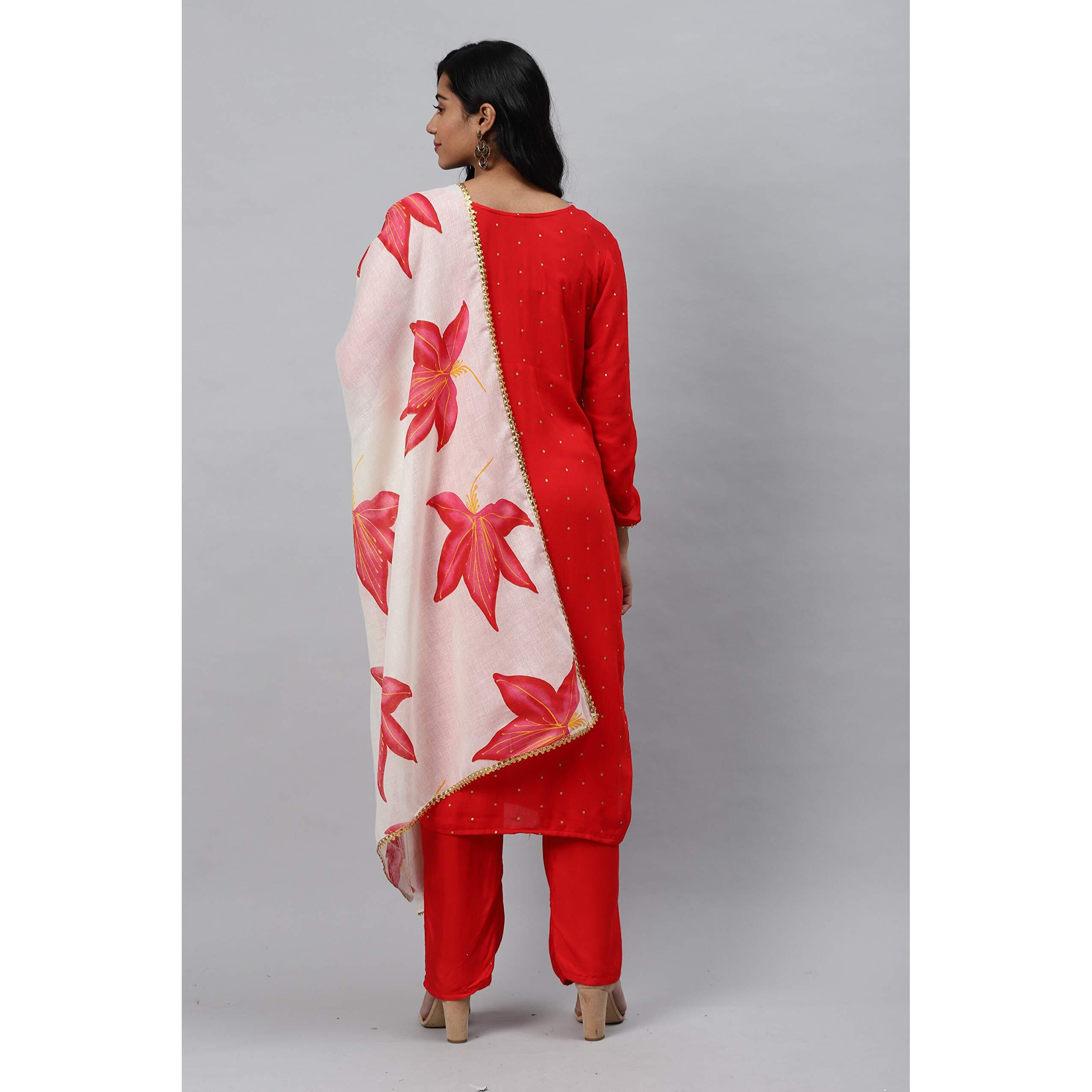 Gosriki Women's Red & Golden Polka Print Kurta With Trousers & Dupatta